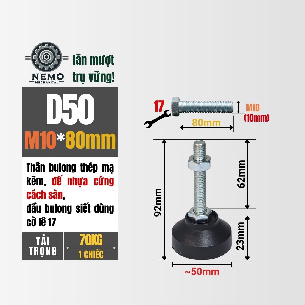 Chân Tăng Chỉnh Đế Nhựa Cứng – Giải Pháp Cân Bằng & Chống Rung (M10, M12, M16)